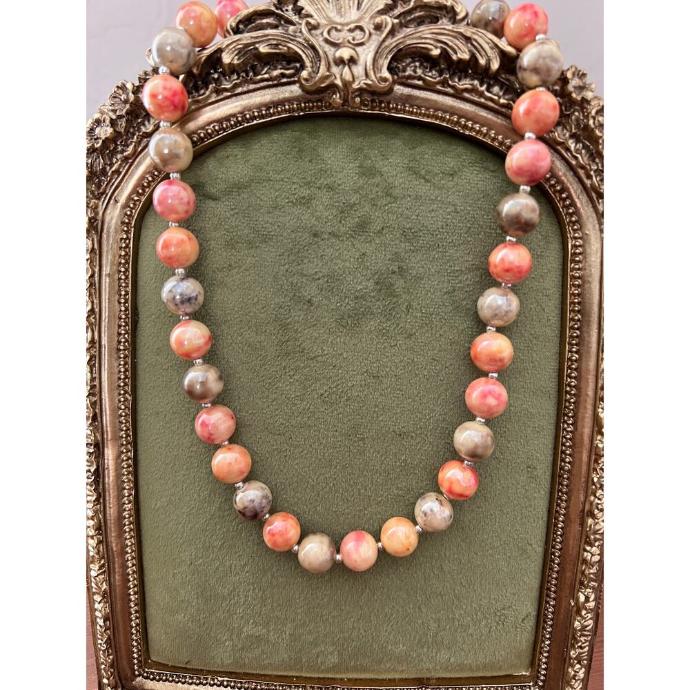 Vintage 18” Marble Beaded Necklace - Beads with Silver Spacers Pink Green Peach